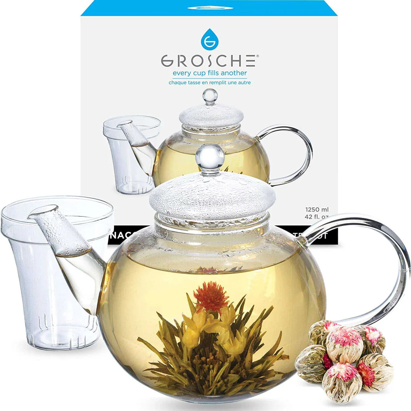 MONACO Glass Teapot, Glass Tea Strainer, Loose Leaf Teapot - 42oz / 1250mL, Clear